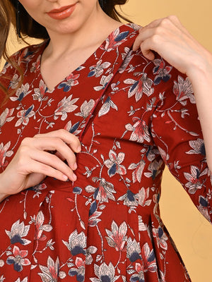 Concealed nursing zipper detail in Ruhani Maroon Maternity and Nursing Kurta Set With Dupatta for easy breastfeeding access.