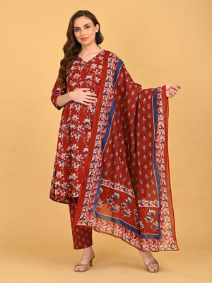 Full front view of Ruhani Maroon Maternity and Nursing Kurta Set With Dupatta with printed dupatta and straight pants.