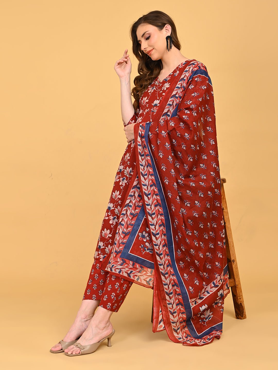 Ruhani Maroon Maternity and Nursing Kurta Set With Dupatta styled with matching printed dupatta in seated pose.