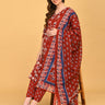 Ruhani Maroon Maternity and Nursing Kurta Set With Dupatta styled with matching printed dupatta in seated pose.