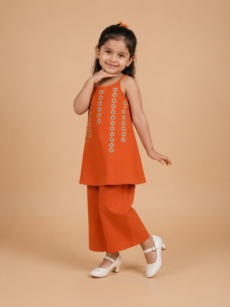 Rust Ember Girls Embroidered Kurta Set