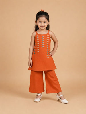 Rust Ember Girls Embroidered Salwar Suit Set - 1-2 Years Girls Ethnic Set