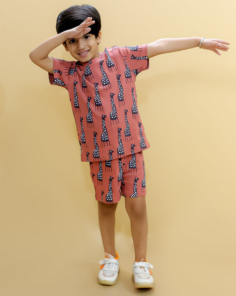 Rust Giraffe Printed Kids Casual Co Ord Set – 100% Cotton Printed T-Shirt & Shorts Outfit for Kids
