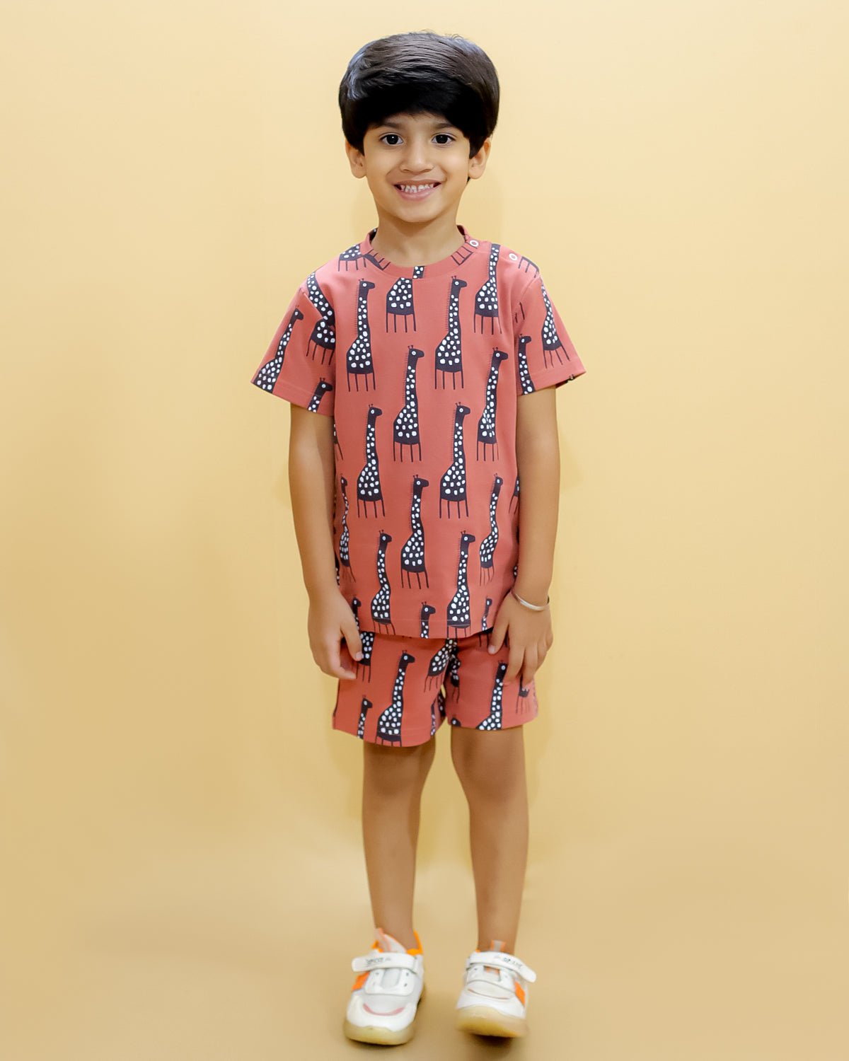 Rust Giraffe Printed Kids Casual Co Ord Set