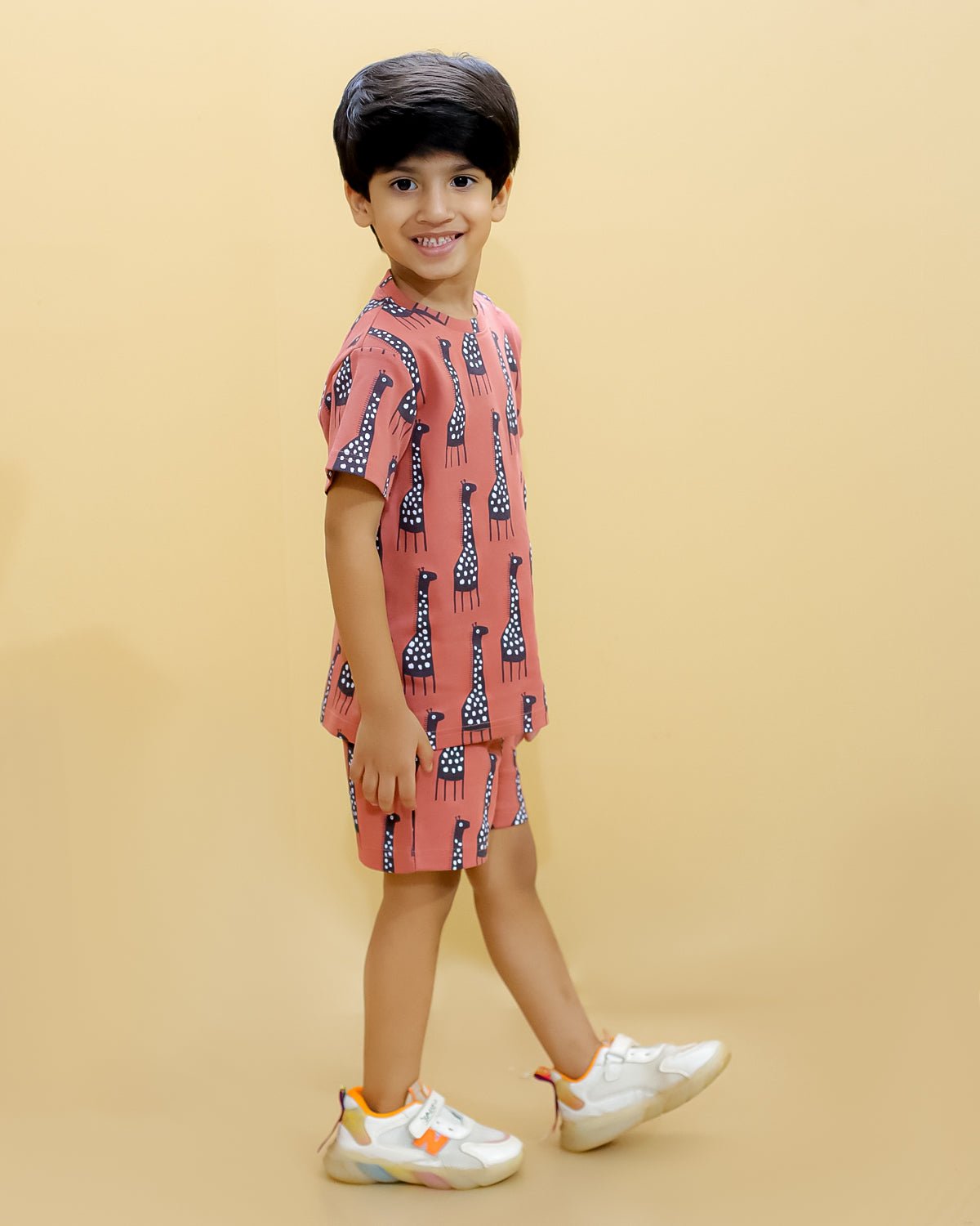 Rust Giraffe Printed Kids Casual Co Ord Set