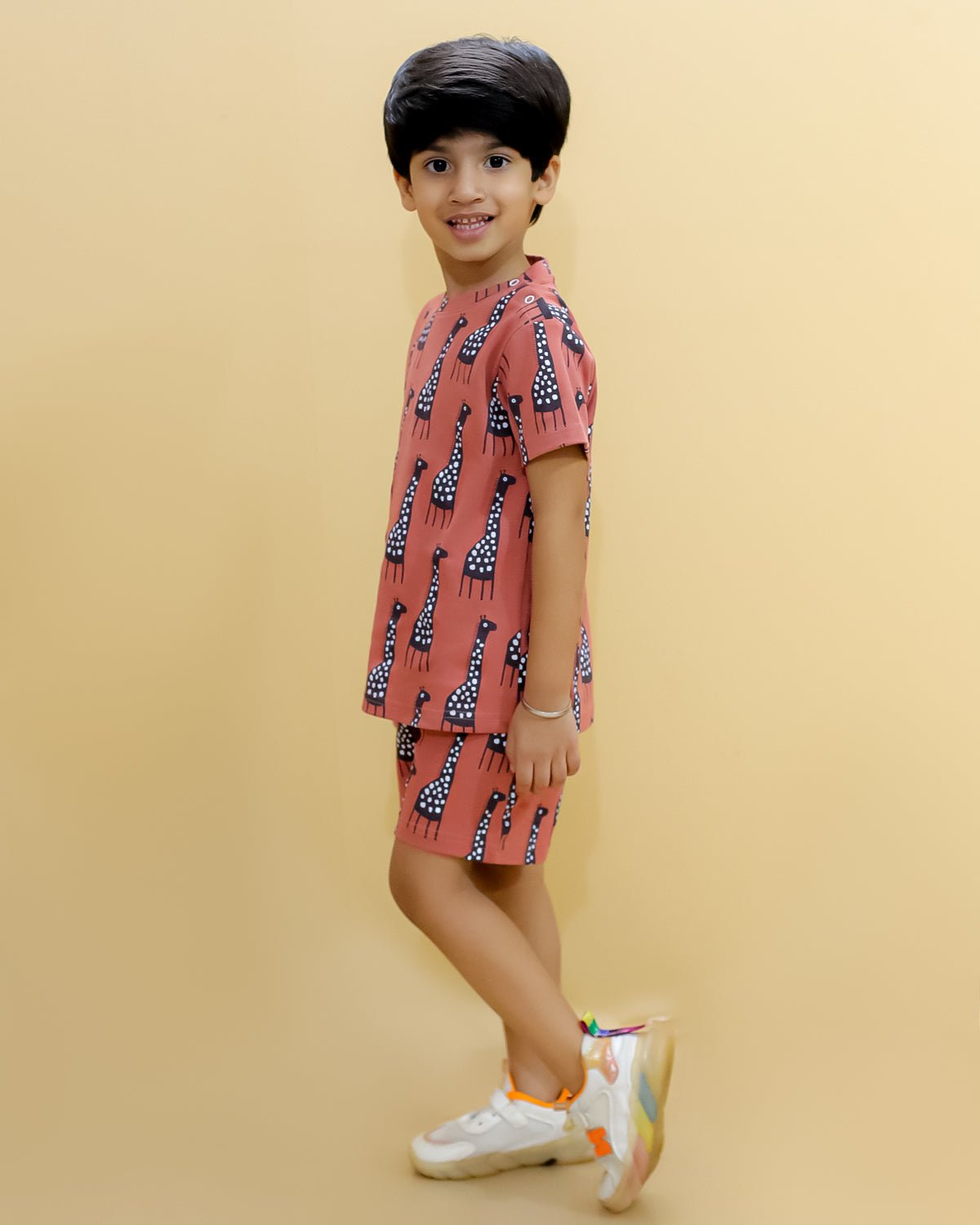 Rust Giraffe Printed Kids Casual Co Ord Set