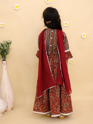 Rust Kalamkari Girls Lehenga Set with Dupatta - KES - RA - RSKLM - 0 - 6