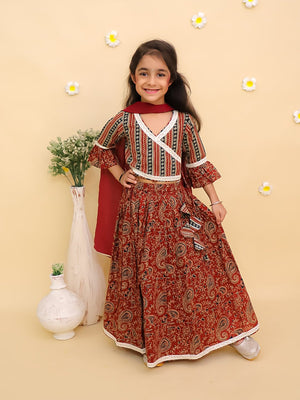 Rust Kalamkari Girls Lehenga Set with Dupatta - KES - RA - RSKLM - 0 - 6