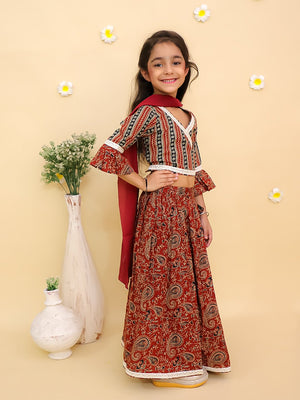 Rust Kalamkari Girls Lehenga Set with Dupatta - KES - RA - RSKLM - 0 - 6