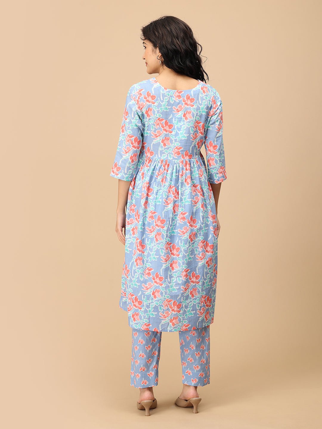 Back view of blue floral maternity and nursing kurta – relaxed fit pregnancy wear.