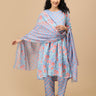 Blue floral Saanjh Phool maternity and nursing kurta set with dupatta – model showing full lightweight printed dupatta.