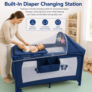 SAFE-O-KID Baby Cot Foldable with Travel Bag | 2-in-1 Baby Playpen & Cot | 1 Year Warranty | Portable Baby Crib with Diaper Changing Station, Music, Toys, Breathable Mesh for 0-3 Years - Navy Blue - Baby Cot