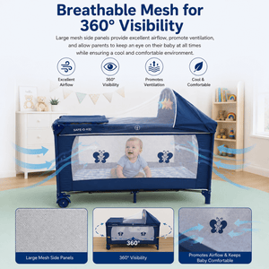 SAFE-O-KID Baby Cot Foldable with Travel Bag | 2-in-1 Baby Playpen & Cot | 1 Year Warranty | Portable Baby Crib with Diaper Changing Station, Music, Toys, Breathable Mesh for 0-3 Years - Navy Blue - Baby Cot