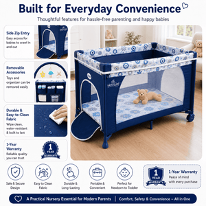SAFE-O-KID Baby Cot Foldable with Travel Bag | 2-in-1 Baby Playpen & Cot | 1 Year Warranty | Portable Baby Crib with Diaper Changing Station, Music, Toys, Breathable Mesh for 0-3 Years - Navy Blue - Baby Cot