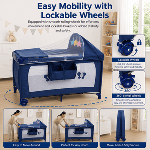 SAFE-O-KID Baby Cot Foldable with Travel Bag | 2-in-1 Baby Playpen & Cot | 1 Year Warranty | Portable Baby Crib with Diaper Changing Station, Music, Toys, Breathable Mesh for 0-3 Years - Navy Blue - Baby Cot
