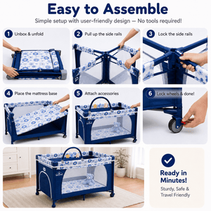 SAFE-O-KID Baby Cot Foldable with Travel Bag | 2-in-1 Baby Playpen & Cot | 1 Year Warranty | Portable Baby Crib with Diaper Changing Station, Music, Toys, Breathable Mesh for 0-3 Years - Navy Blue - Baby Cot