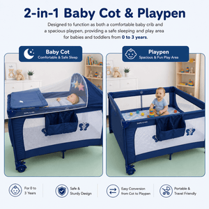 SAFE-O-KID Baby Cot Foldable with Travel Bag | 2-in-1 Baby Playpen & Cot | 1 Year Warranty | Portable Baby Crib with Diaper Changing Station, Music, Toys, Breathable Mesh for 0-3 Years - Navy Blue - Baby Cot