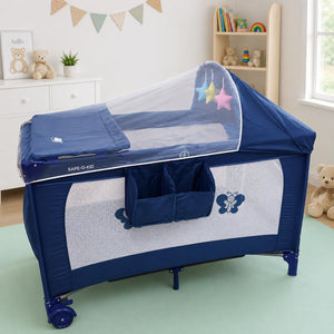 SAFE-O-KID Baby Cot Foldable with Travel Bag | 2-in-1 Baby Playpen & Cot | 1 Year Warranty | Portable Baby Crib with Diaper Changing Station, Music, Toys, Breathable Mesh for 0-3 Years - Navy Blue - Baby Cot