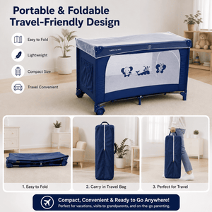 SAFE-O-KID Baby Cot Foldable with Travel Bag | 2-in-1 Baby Playpen & Cot | 1 Year Warranty | Portable Baby Crib with Diaper Changing Station, Music, Toys, Breathable Mesh for 0-3 Years - Navy Blue - Baby Cot