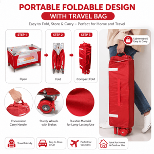 Safe-O-Kid Baby Cot Foldable with Travel Bag | 2-in-1 Baby Playpen & Cot | 1 Year Warranty | Portable Baby Crib with Diaper Changing Station, Music, Toys, Organizer, Breathable Mesh for 0-3 Years - Red - Baby Cot