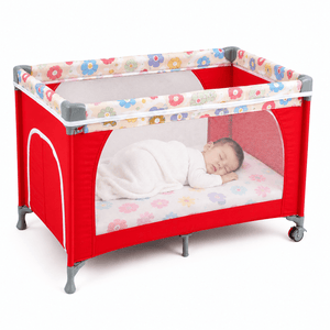Safe-O-Kid Baby Cot Foldable with Travel Bag | 2-in-1 Baby Playpen & Cot | 1 Year Warranty | Portable Baby Crib with Diaper Changing Station, Music, Toys, Organizer, Breathable Mesh for 0-3 Years - Red - Baby Cot