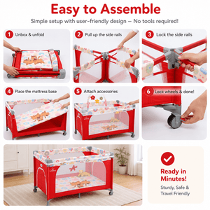 Safe-O-Kid Baby Cot Foldable with Travel Bag | 2-in-1 Baby Playpen & Cot | 1 Year Warranty | Portable Baby Crib with Diaper Changing Station, Music, Toys, Organizer, Breathable Mesh for 0-3 Years - Red - Baby Cot