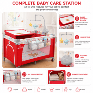 Safe-O-Kid Baby Cot Foldable with Travel Bag | 2-in-1 Baby Playpen & Cot | 1 Year Warranty | Portable Baby Crib with Diaper Changing Station, Music, Toys, Organizer, Breathable Mesh for 0-3 Years - Red - Baby Cot