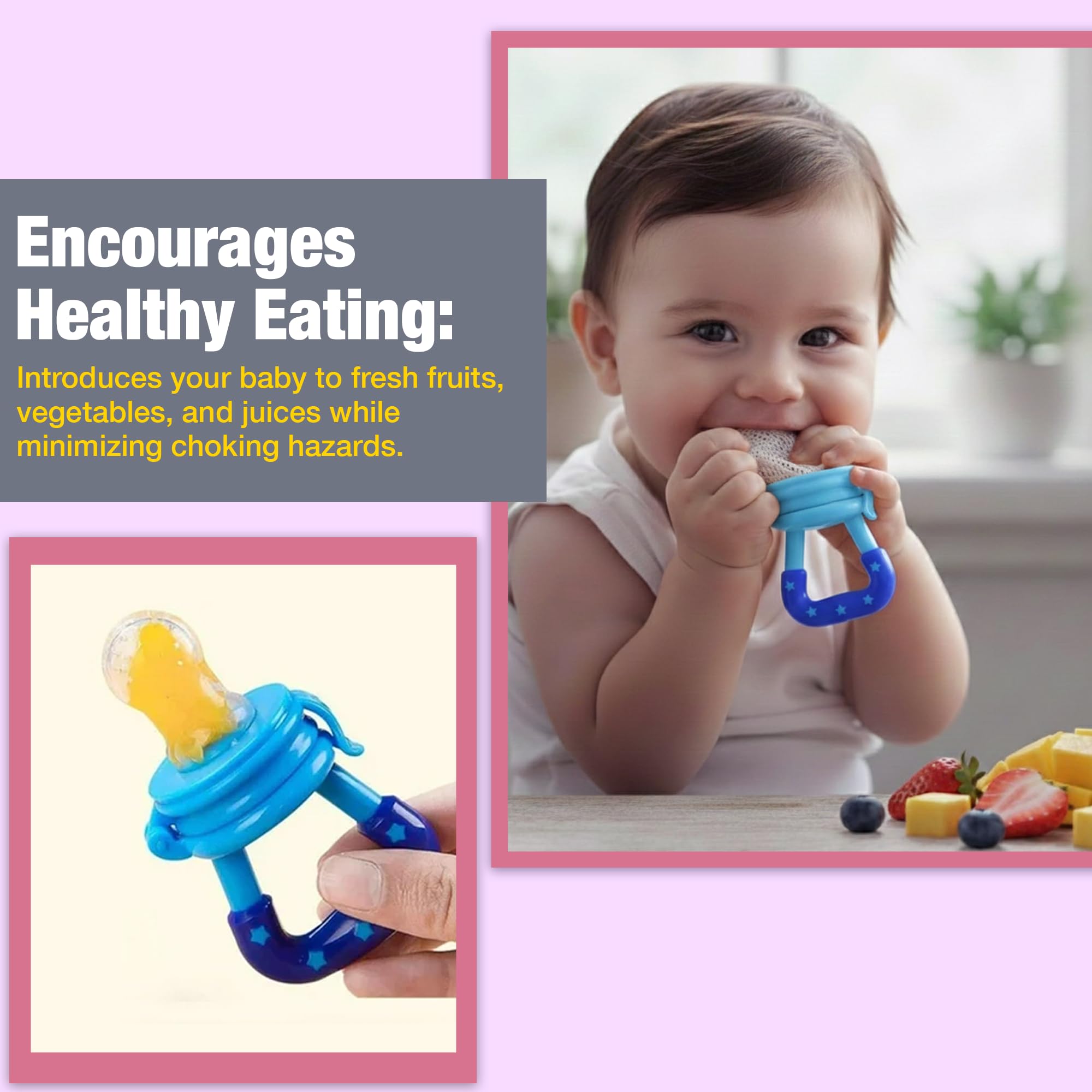 Safe - O - Kid Baby Fruit Nibbler/Pacifier - BPA - Free, 100% Pure Silicone, Teether for Baby | Soft Pacifier & Teether for Infants - Blue - Food Feeder