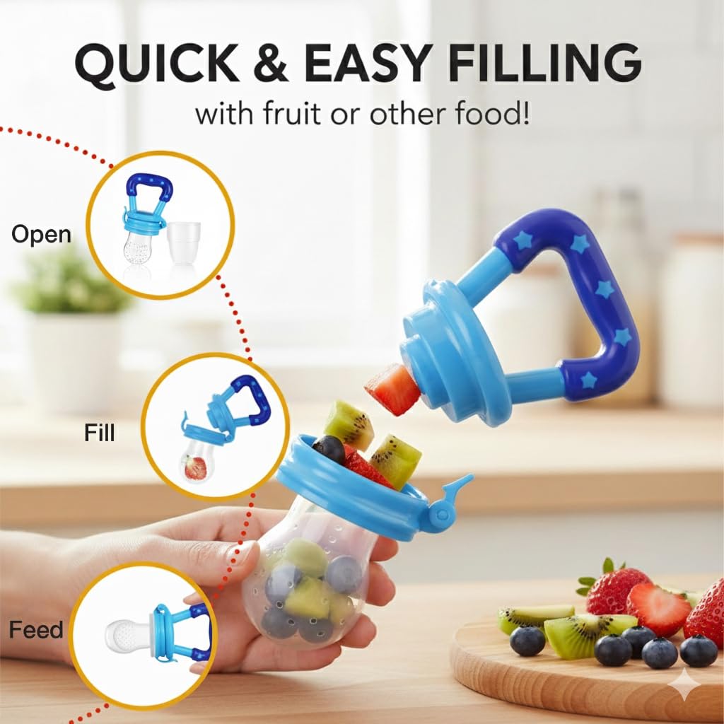 Safe - O - Kid Baby Fruit Nibbler/Pacifier - BPA - Free, 100% Pure Silicone, Teether for Baby | Soft Pacifier & Teether for Infants - Blue - Food Feeder