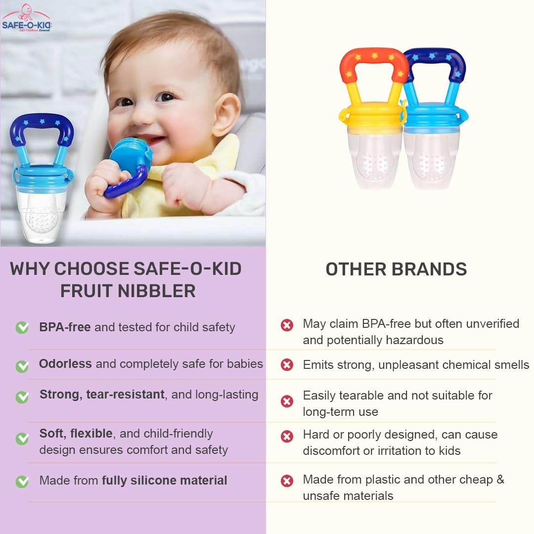 Safe - O - Kid Baby Fruit Nibbler/Pacifier - BPA - Free, 100% Pure Silicone, Teether for Baby | Soft Pacifier & Teether for Infants - Blue - Food Feeder