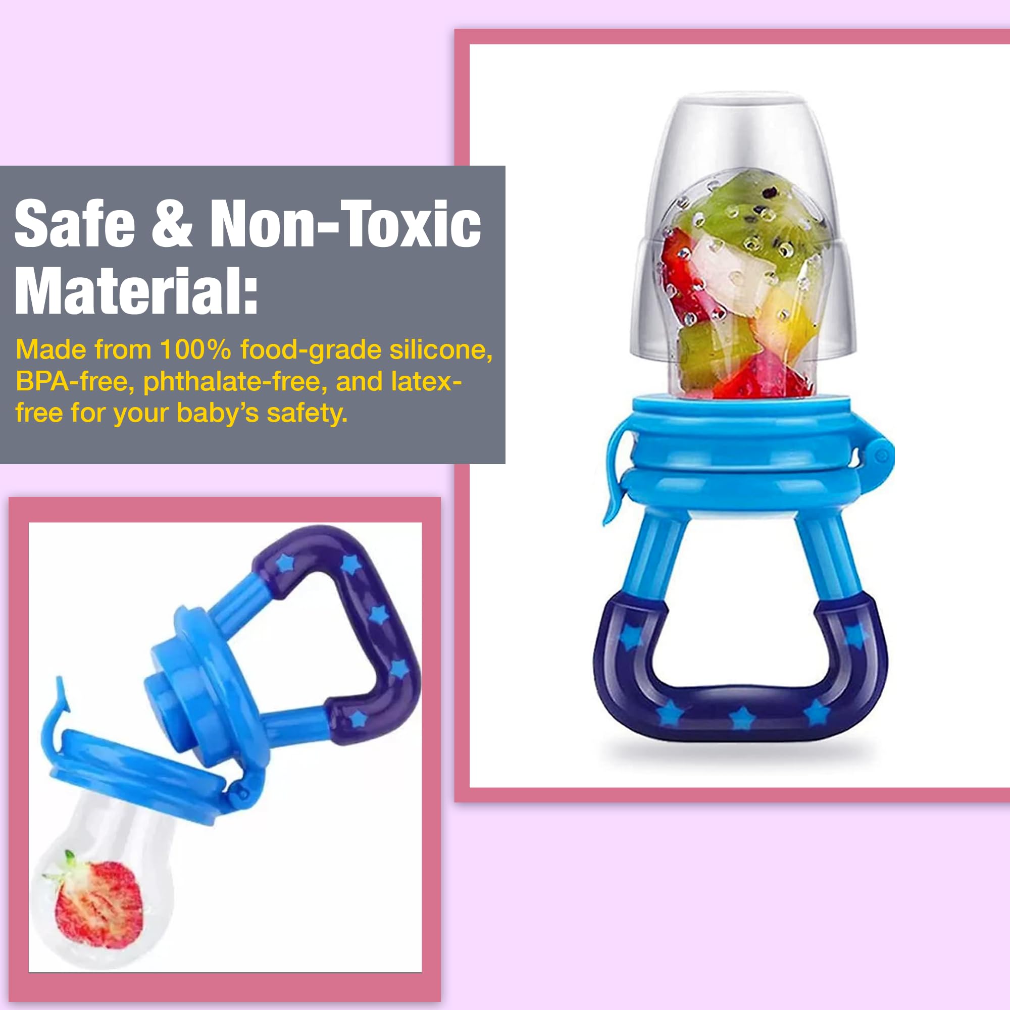 Safe - O - Kid Baby Fruit Nibbler/Pacifier - BPA - Free, 100% Pure Silicone, Teether for Baby | Soft Pacifier & Teether for Infants - Blue - Food Feeder