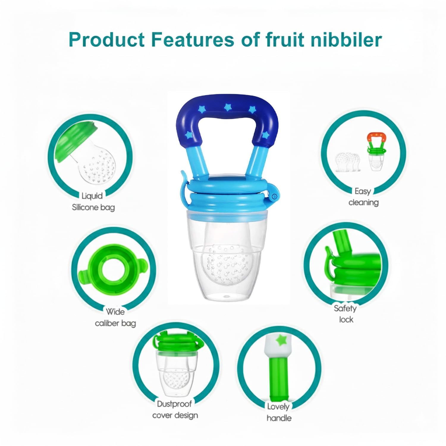 Safe - O - Kid Baby Fruit Nibbler/Pacifier - BPA - Free, 100% Pure Silicone, Teether for Baby | Soft Pacifier & Teether for Infants - Blue - Food Feeder