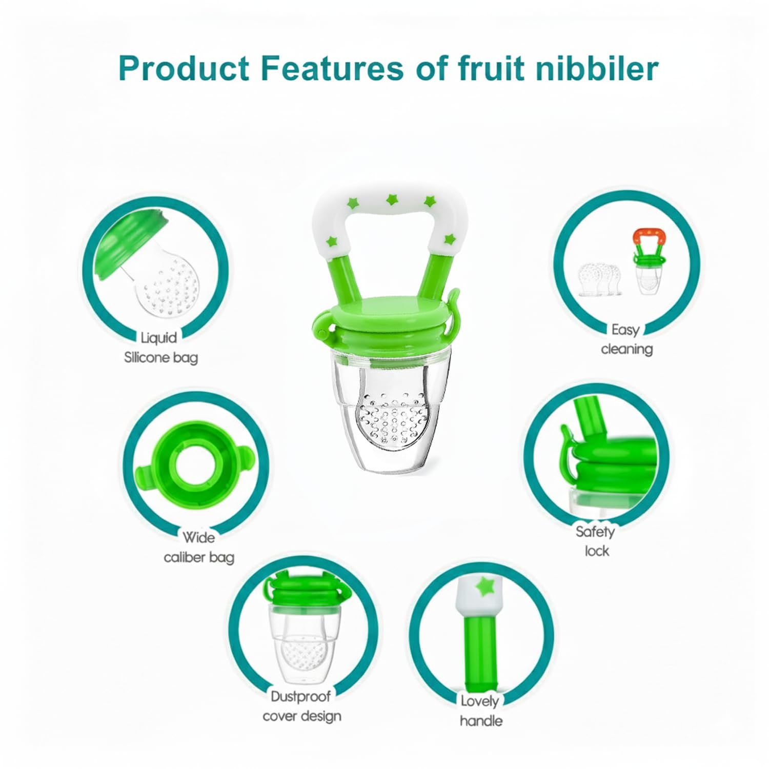 Safe - O - Kid Baby Fruit Nibbler/Pacifier - BPA - Free, 100% Pure Silicone, Teether for Baby | Soft Pacifier & Teether for Infants - Green - Food Feeder