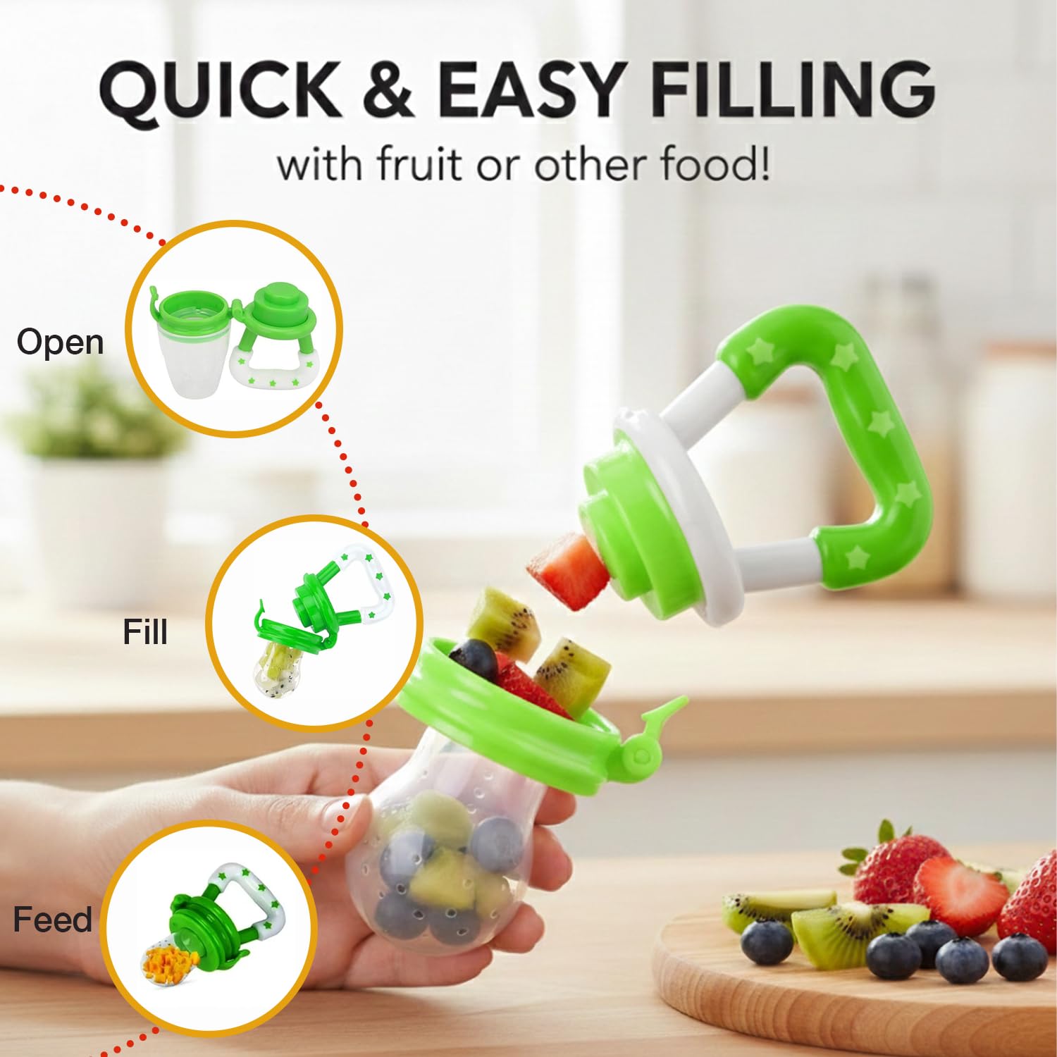 Safe - O - Kid Baby Fruit Nibbler/Pacifier - BPA - Free, 100% Pure Silicone, Teether for Baby | Soft Pacifier & Teether for Infants - Green - Food Feeder