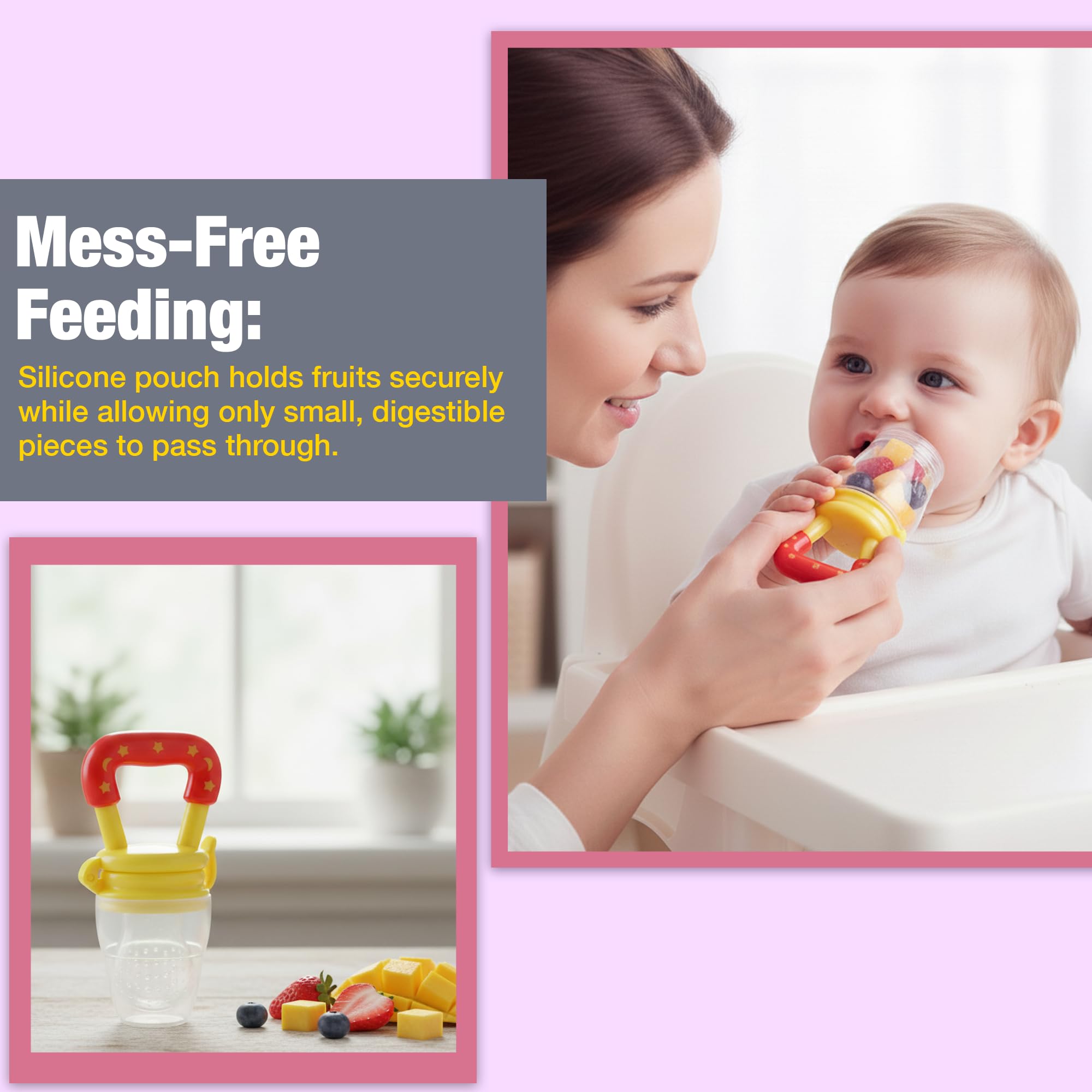 Safe - O - Kid Baby Fruit Nibbler/Pacifier - BPA - Free, 100% Pure Silicone, Teether for Baby | Soft Pacifier & Teether for Infants - Yellow - Food Feeder