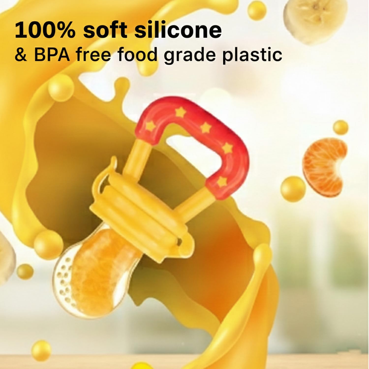 Safe - O - Kid Baby Fruit Nibbler/Pacifier - BPA - Free, 100% Pure Silicone, Teether for Baby | Soft Pacifier & Teether for Infants - Yellow - Food Feeder