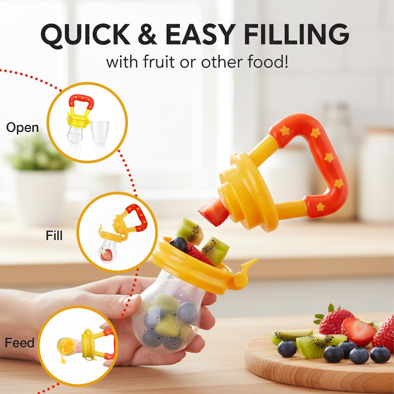 Safe - O - Kid Baby Fruit Nibbler/Pacifier - BPA - Free, 100% Pure Silicone, Teether for Baby | Soft Pacifier & Teether for Infants - Yellow - Food Feeder