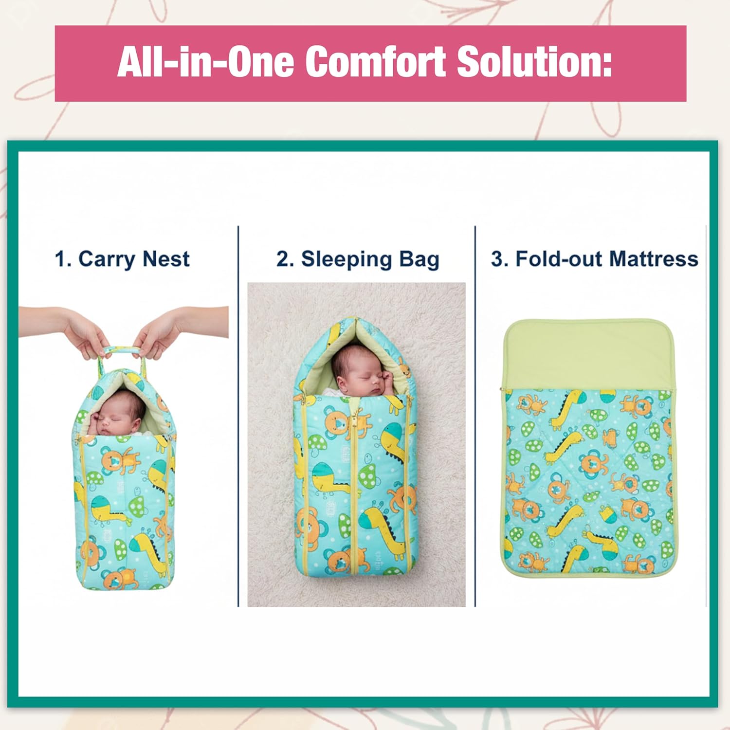 Safe - O - Kid Baby Sleeping & Carry Nest for Newborns (0–6 Months), Cotton Fabric, Green - Baby Nest