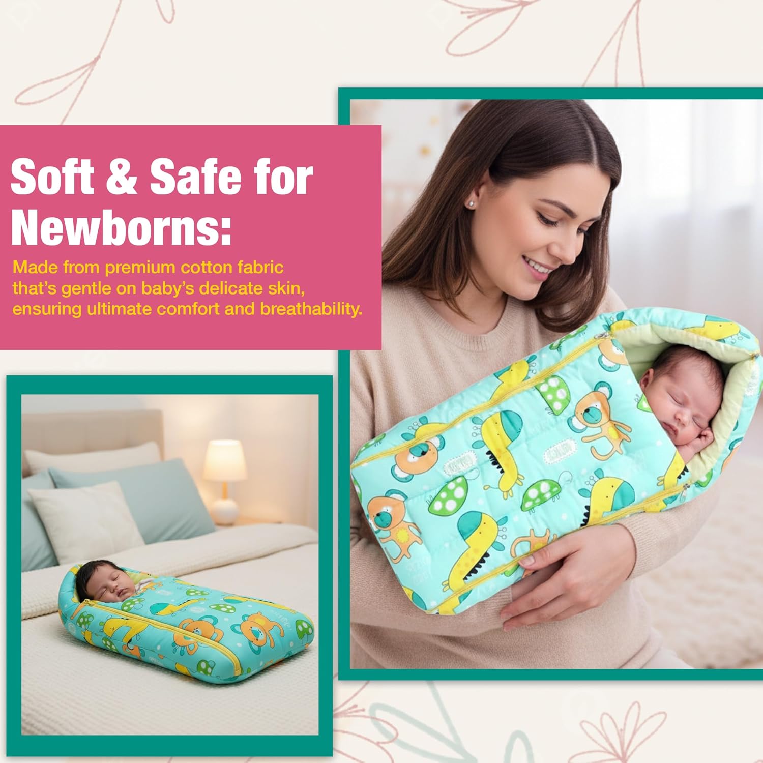 Safe - O - Kid Baby Sleeping & Carry Nest for Newborns (0–6 Months), Cotton Fabric, Green - Baby Nest