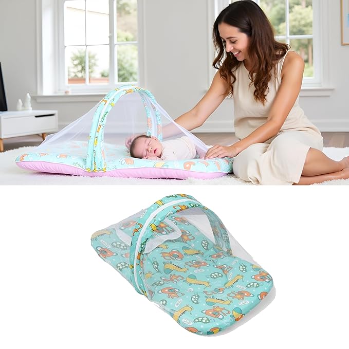 Safe - O - Kid Cotton Baby Mattress Set with Pillow & Mosquito Net – Blue - Baby Mosquito Net Portable Bed
