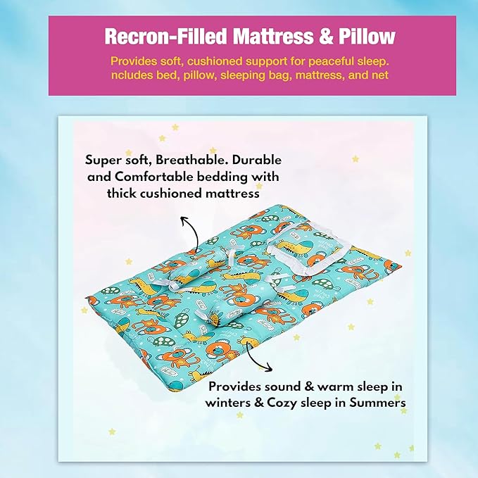 Safe - O - Kid Cotton Baby Mattress Set with Pillow & Mosquito Net – Blue - Baby Mosquito Net Portable Bed