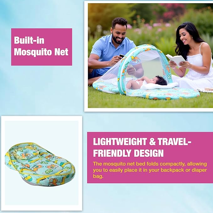 Safe - O - Kid Cotton Baby Mattress Set with Pillow & Mosquito Net – Blue - Baby Mosquito Net Portable Bed