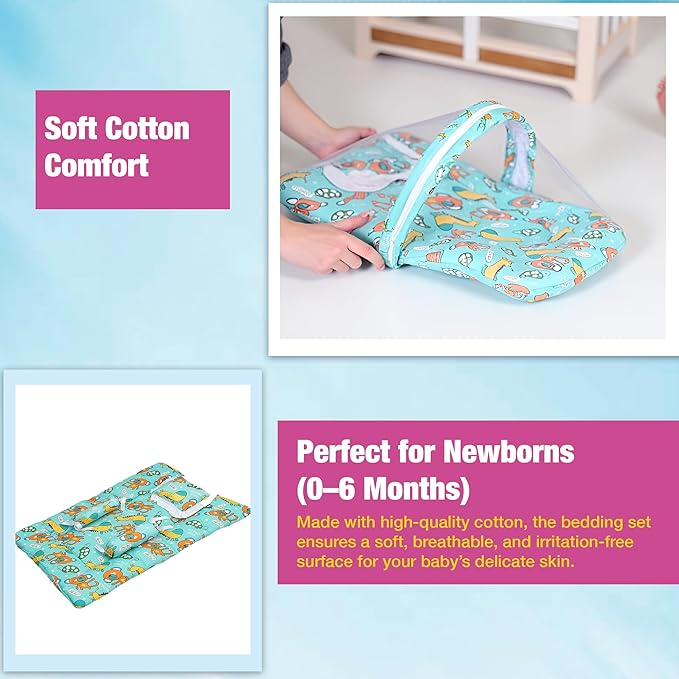 Safe - O - Kid Cotton Baby Mattress Set with Pillow & Mosquito Net – Blue - Baby Mosquito Net Portable Bed