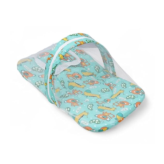 Safe - O - Kid Cotton Baby Mattress Set with Pillow & Mosquito Net – Blue - Baby Mosquito Net Portable Bed