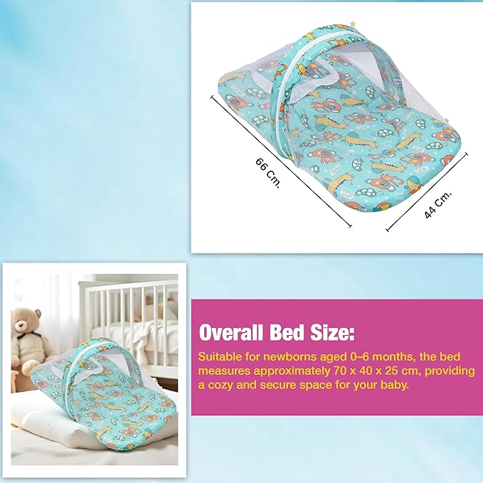 Safe - O - Kid Cotton Baby Mattress Set with Pillow & Mosquito Net – Blue - Baby Mosquito Net Portable Bed