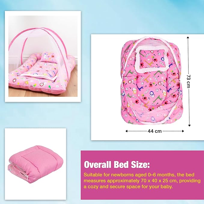 Safe - O - Kid Cotton Baby Mattress Set with Pillow & Mosquito Net – Pink - Baby Mosquito Net Portable Bed