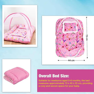 Safe - O - Kid Cotton Baby Mattress Set with Pillow & Mosquito Net – Pink - Baby Mosquito Net Portable Bed