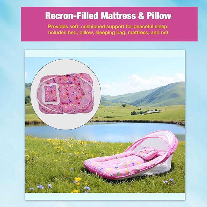 Safe - O - Kid Cotton Baby Mattress Set with Pillow & Mosquito Net – Pink - Baby Mosquito Net Portable Bed