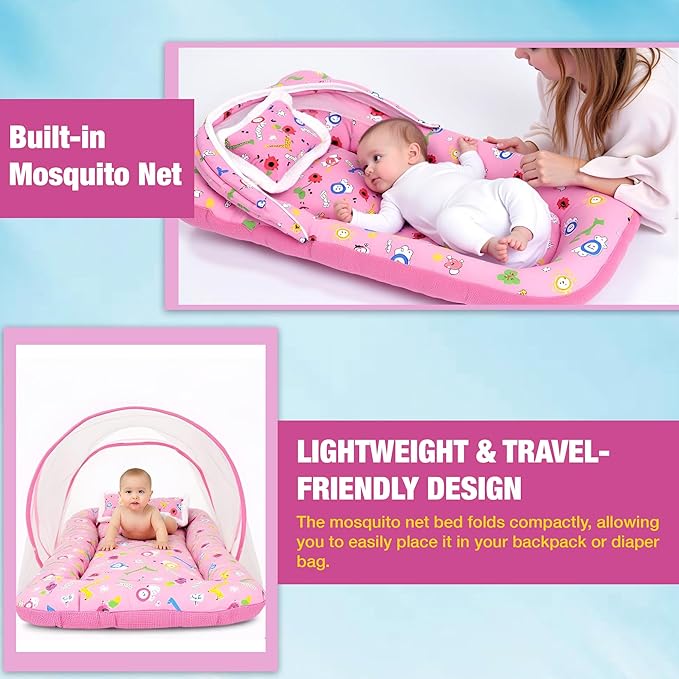 Safe - O - Kid Cotton Baby Mattress Set with Pillow & Mosquito Net – Pink - Baby Mosquito Net Portable Bed