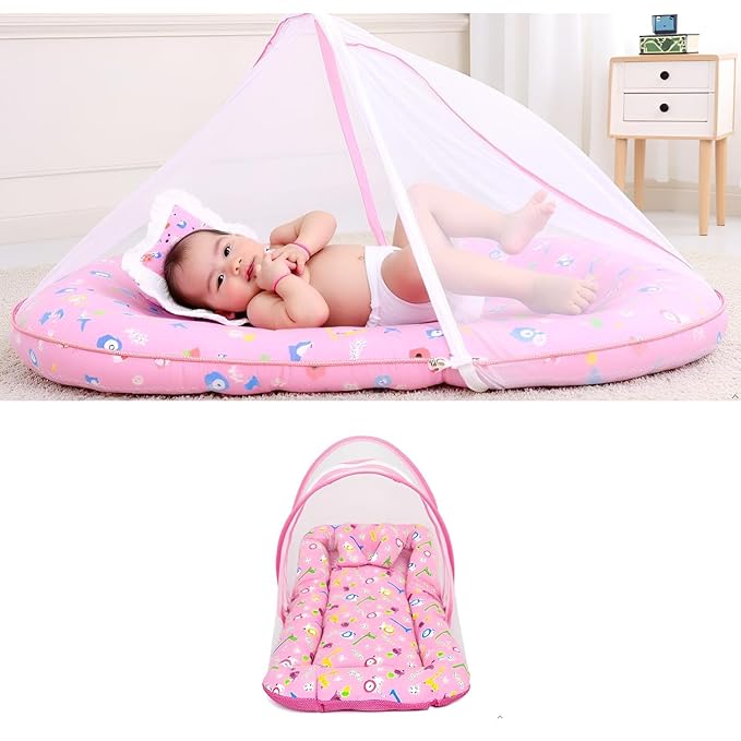 Safe - O - Kid Cotton Baby Mattress Set with Pillow & Mosquito Net – Pink - Baby Mosquito Net Portable Bed